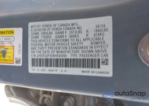 2024 Honda Civic Sport from USA, damaged, VIN 2HGFE2F50RH590995